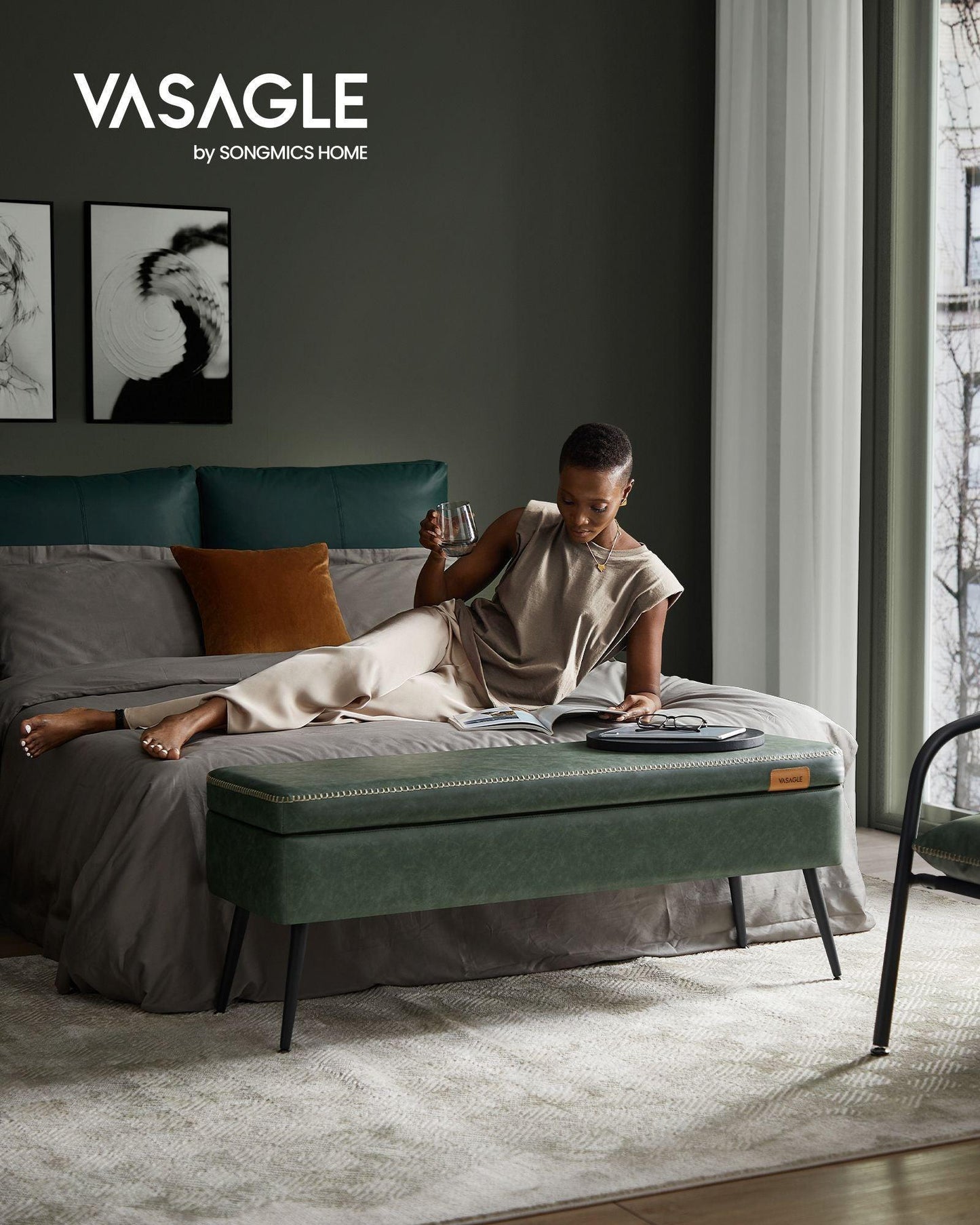 EKHO Collection - Storage Ottoman Bench with Steel Legs, Forest Green FredCo