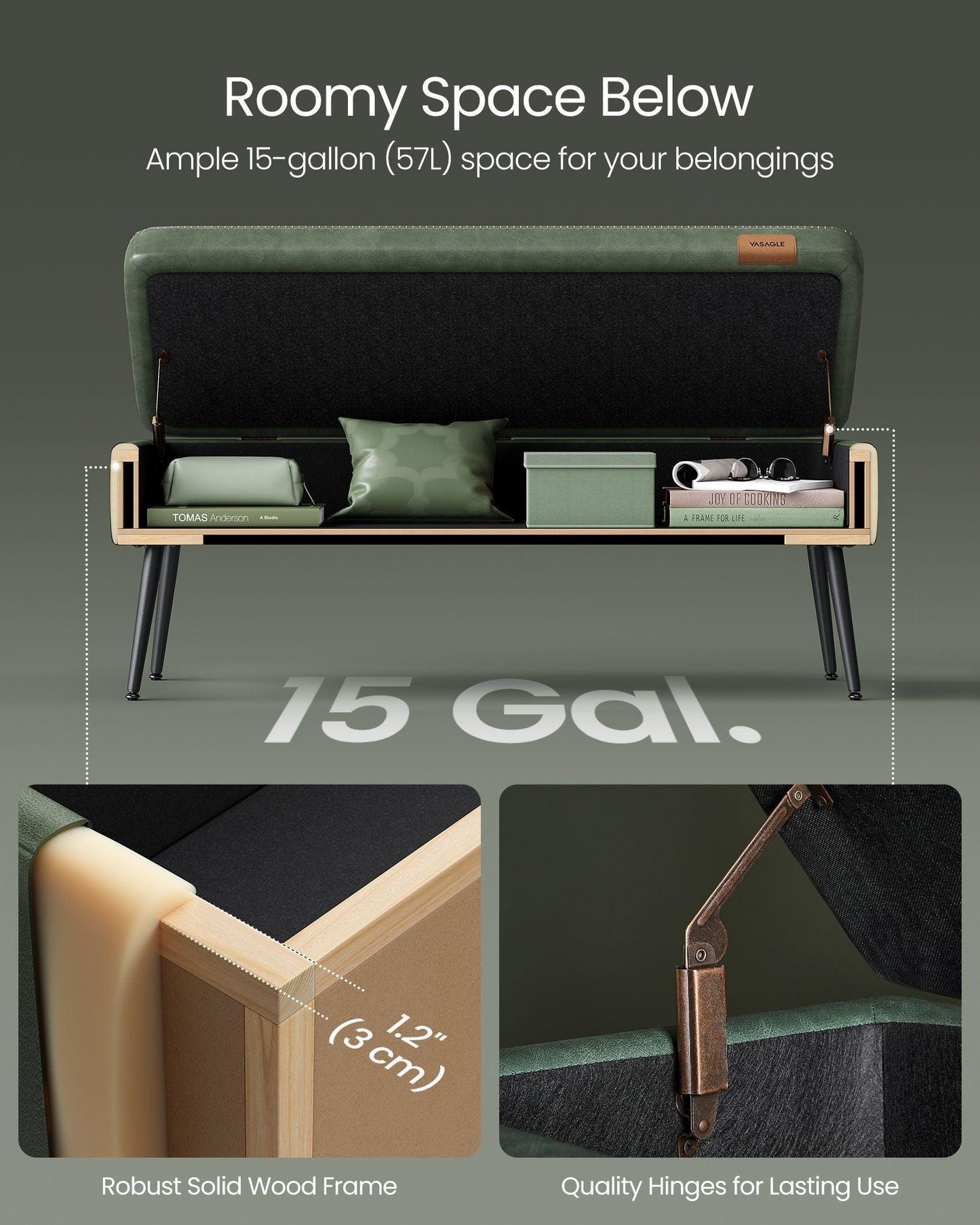 EKHO Collection - Storage Ottoman Bench with Steel Legs, Forest Green FredCo