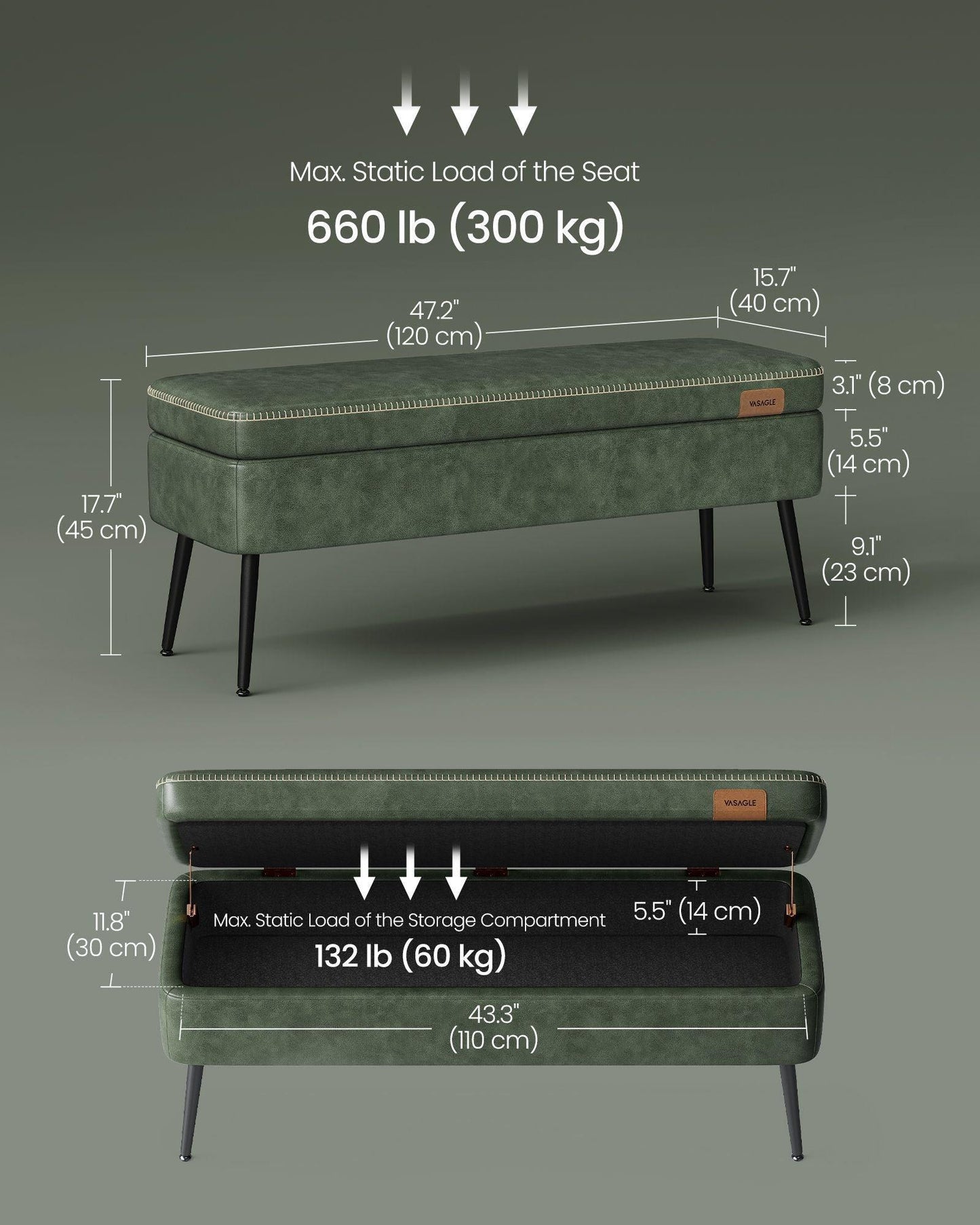 EKHO Collection - Storage Ottoman Bench with Steel Legs, Forest Green FredCo
