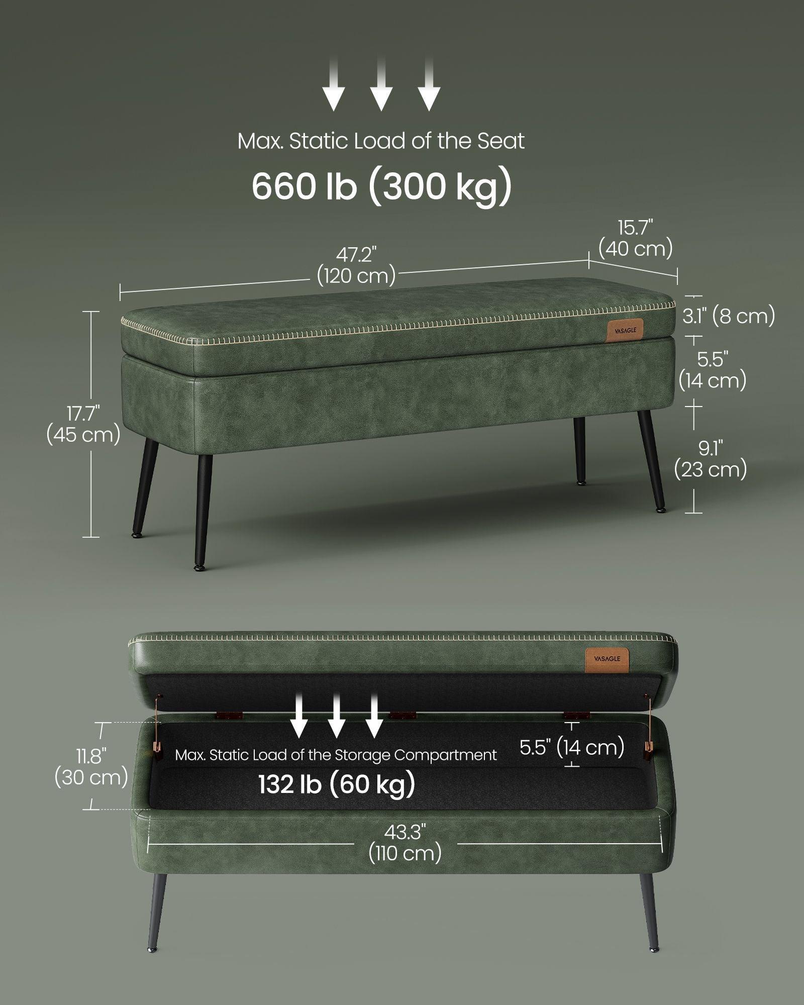 EKHO Collection - Storage Ottoman Bench with Steel Legs, Forest Green FredCo