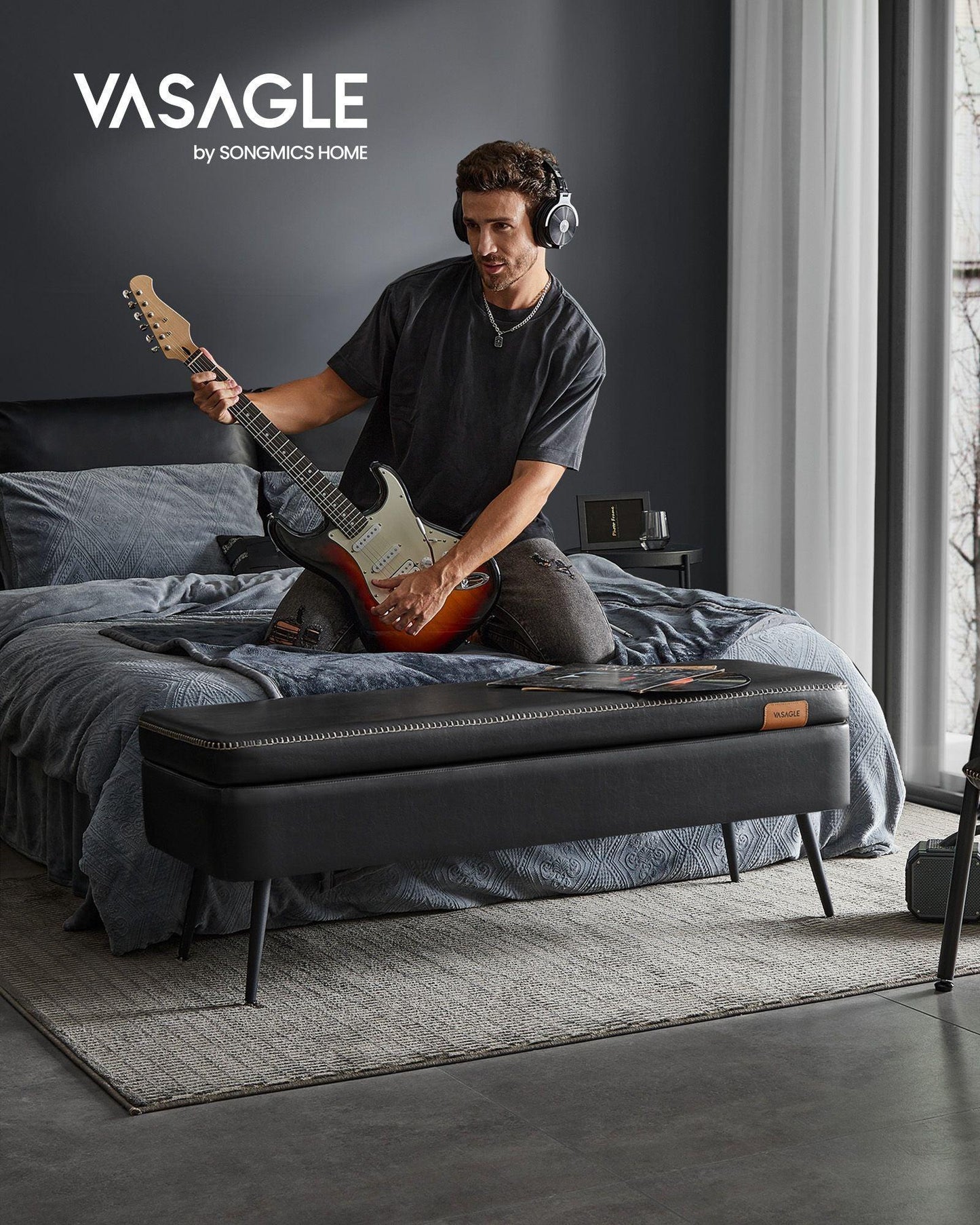 EKHO Collection - Storage Ottoman Bench with Steel Legs, Ink Black FredCo