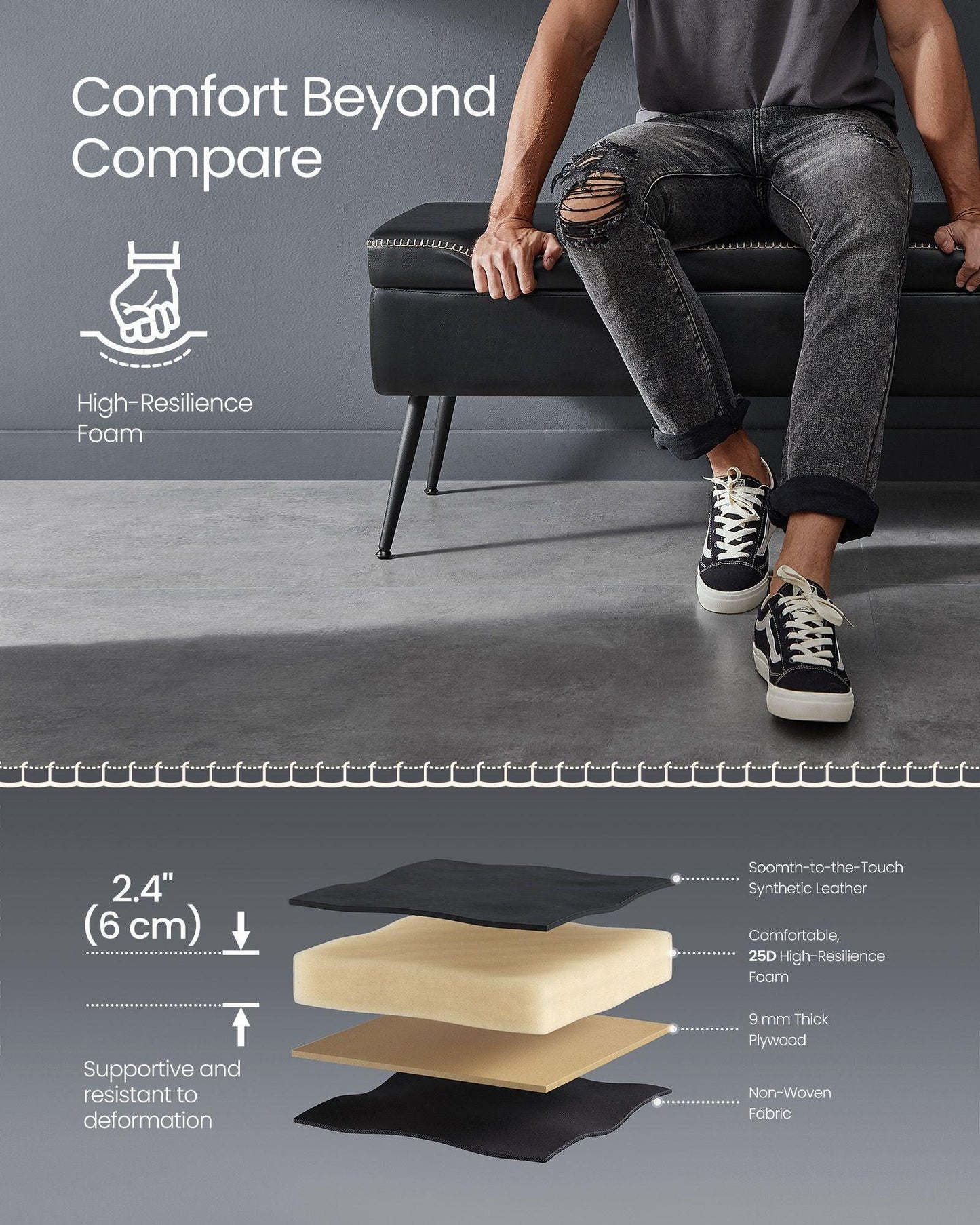 EKHO Collection - Storage Ottoman Bench with Steel Legs, Ink Black FredCo