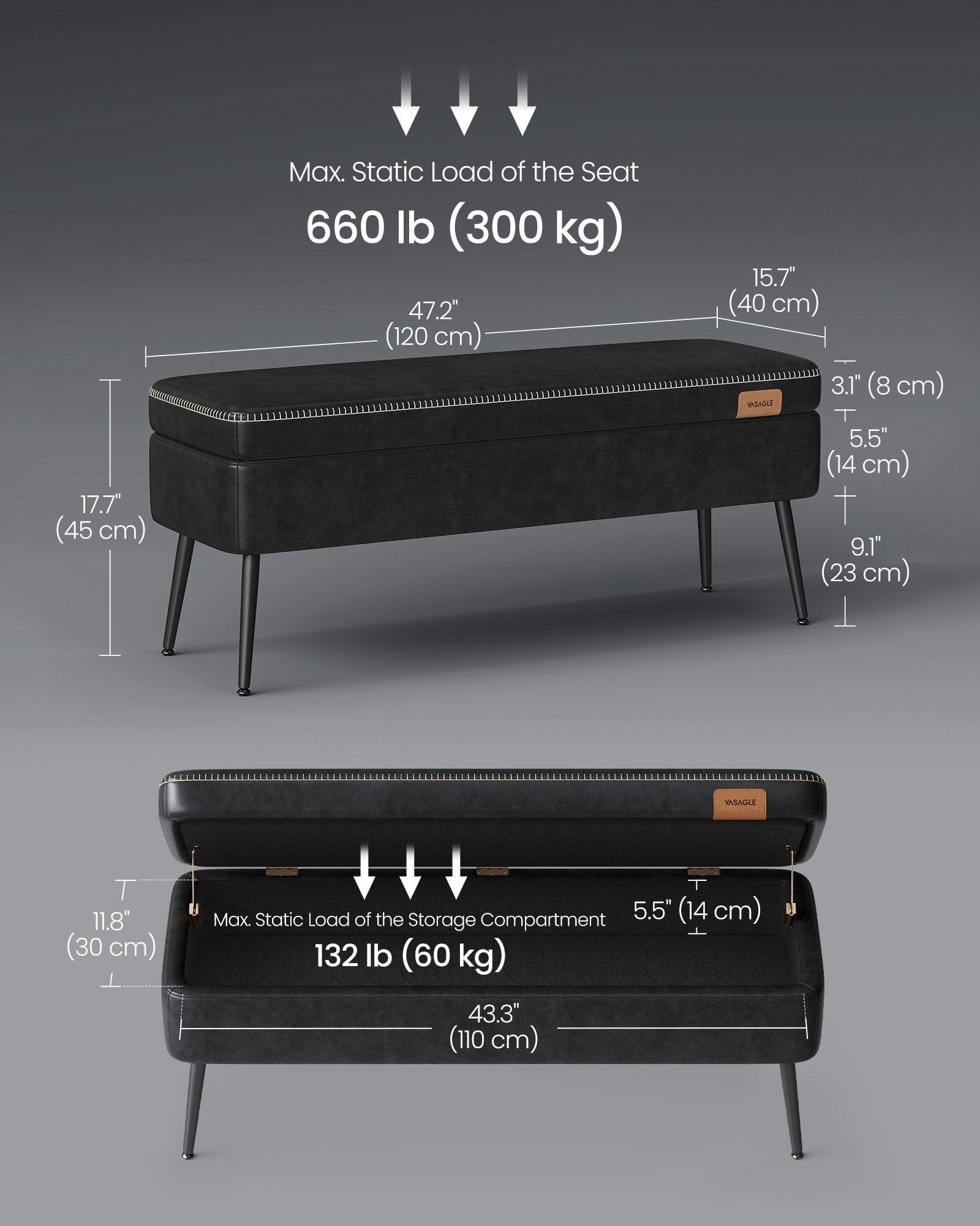 EKHO Collection - Storage Ottoman Bench with Steel Legs, Ink Black FredCo