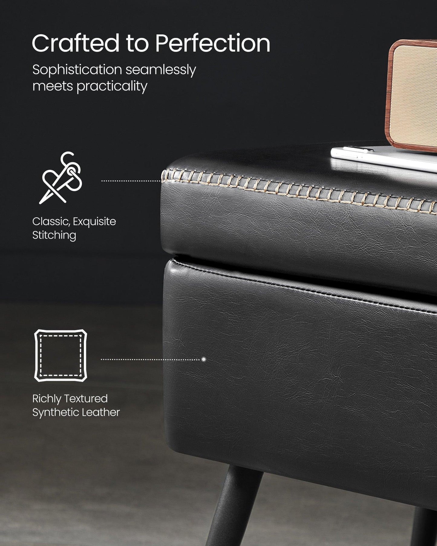 EKHO Collection - Storage Ottoman Bench with Steel Legs, Ink Black FredCo