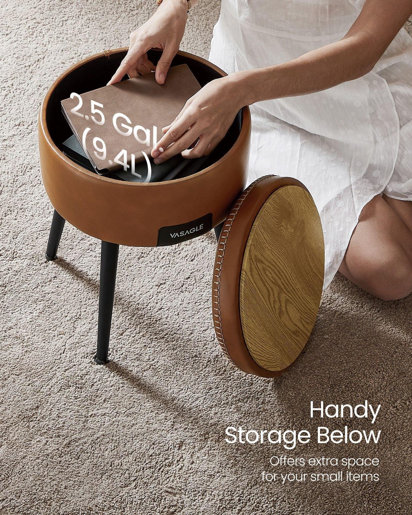 EKHO Collection - Storage Ottoman Vanity Stool, Caramel Brown FredCo