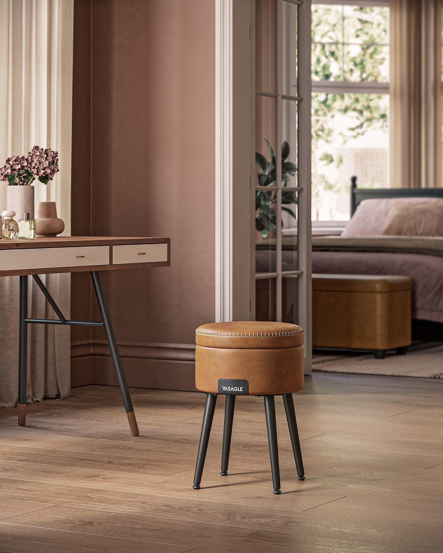 EKHO Collection - Storage Ottoman Vanity Stool, Caramel Brown FredCo