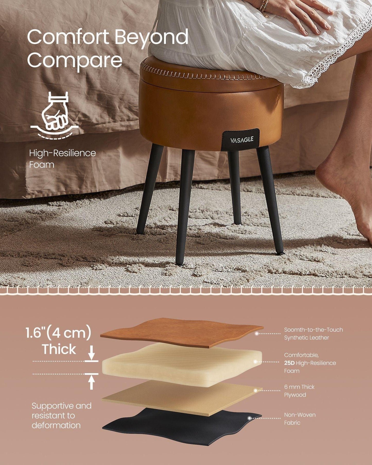 EKHO Collection - Storage Ottoman Vanity Stool, Caramel Brown FredCo