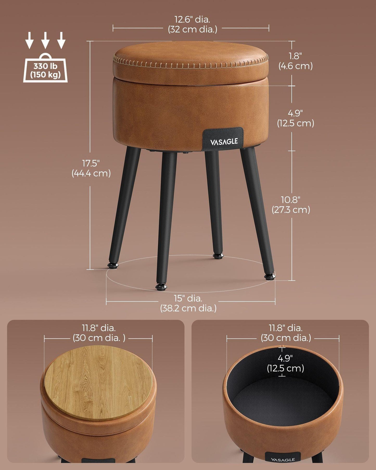 EKHO Collection - Storage Ottoman Vanity Stool, Caramel Brown FredCo