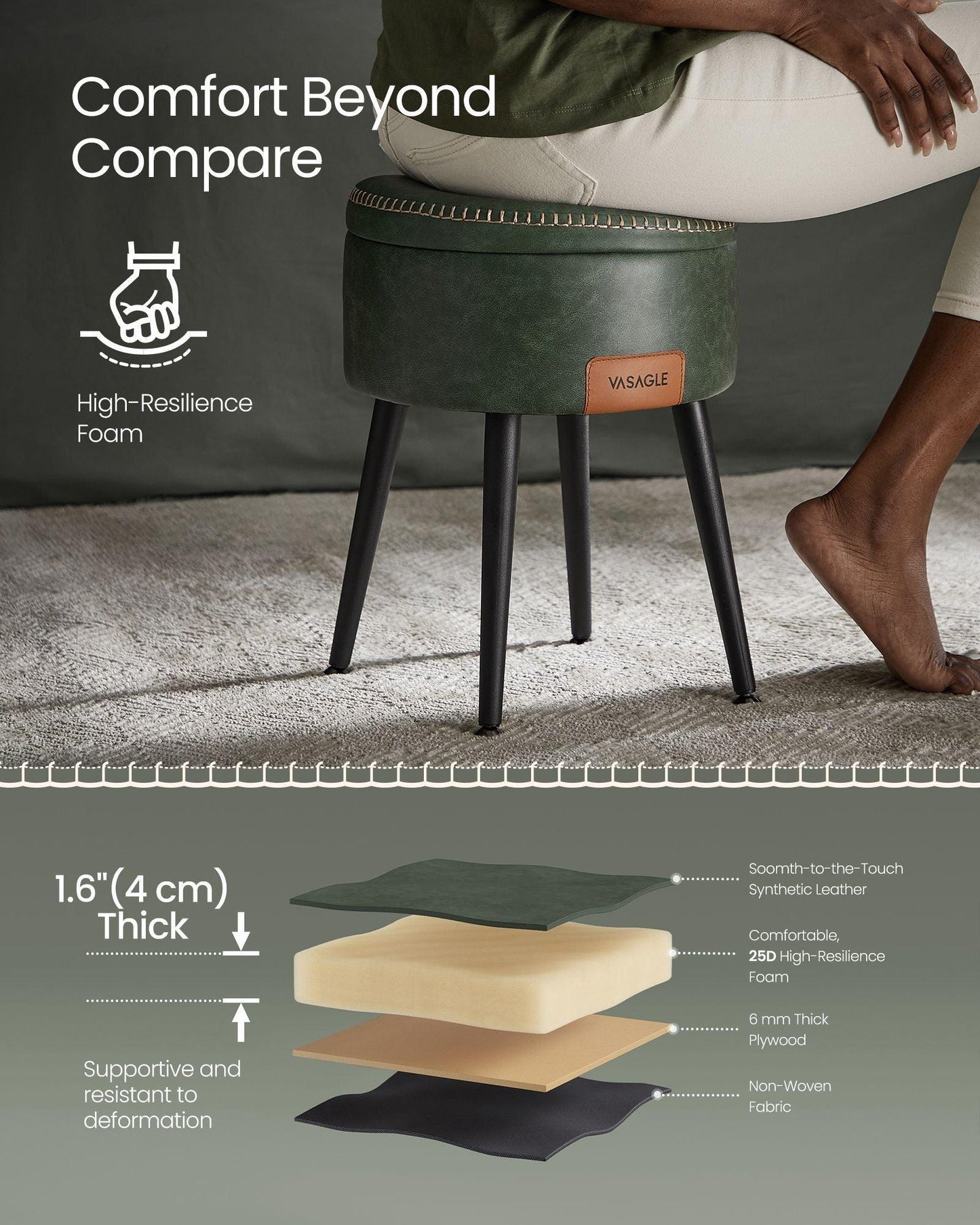 EKHO Collection - Storage Ottoman Vanity Stool, Forest Green FredCo