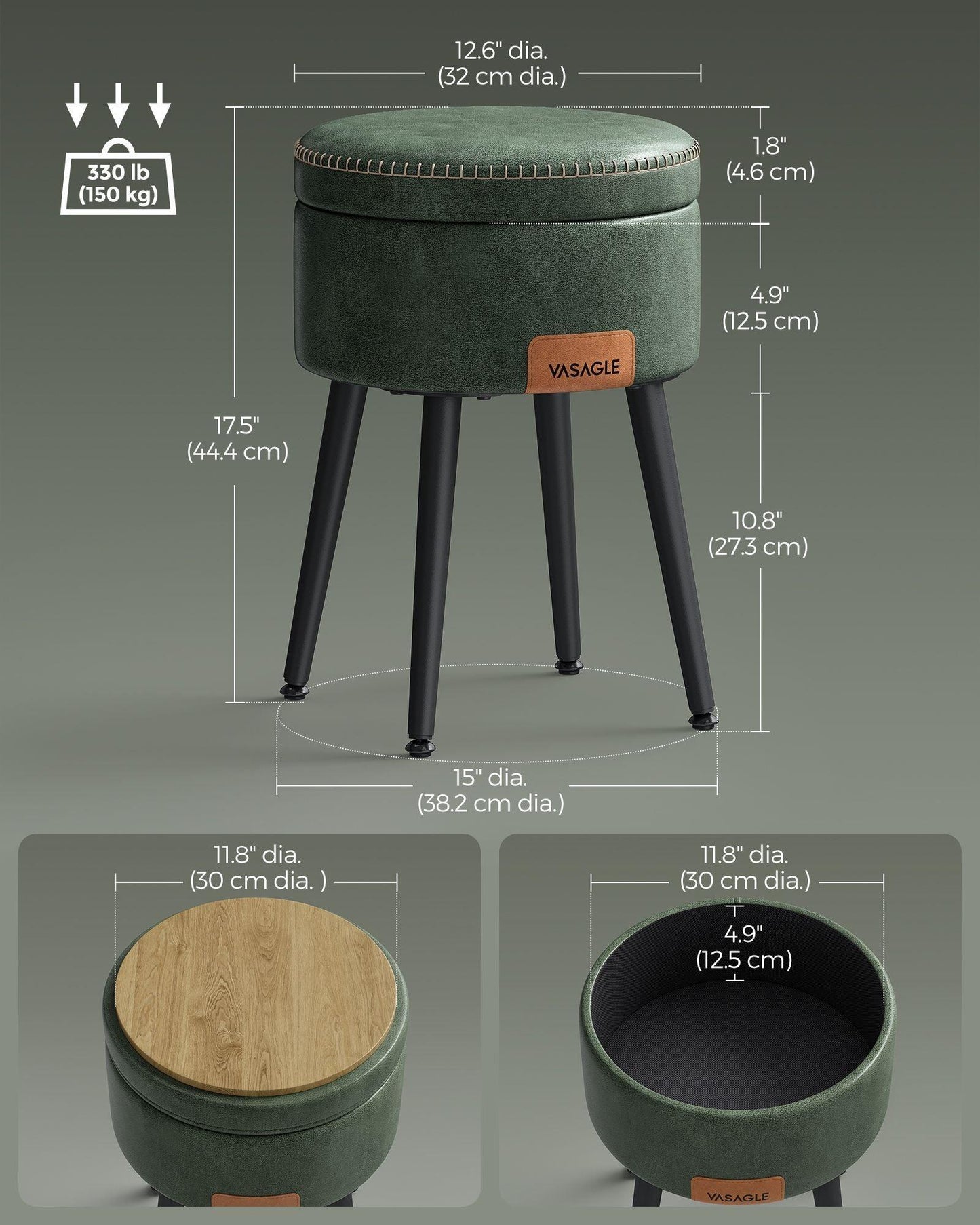 EKHO Collection - Storage Ottoman Vanity Stool, Forest Green FredCo