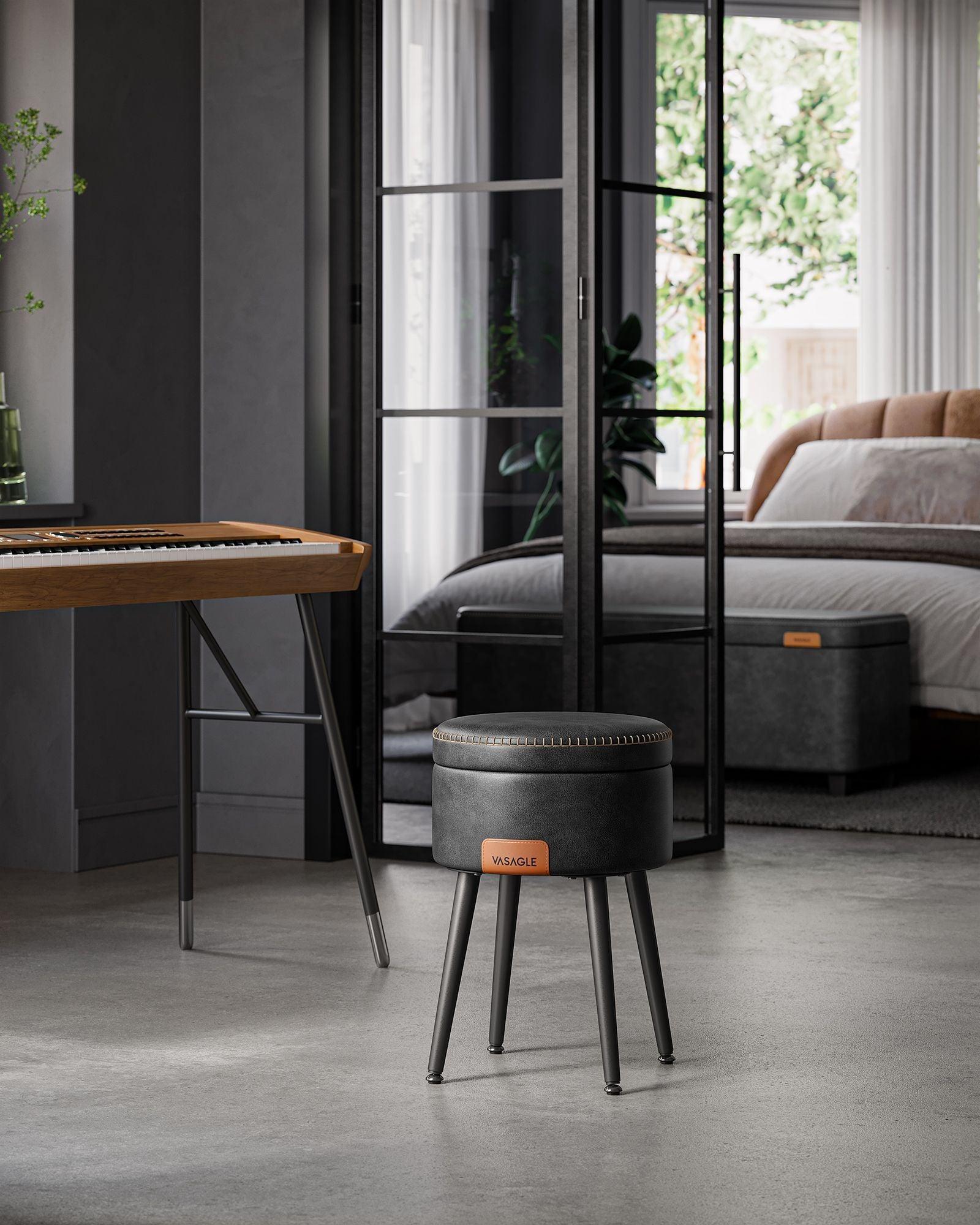 EKHO Collection - Storage Ottoman Vanity Stool, Ink Black FredCo