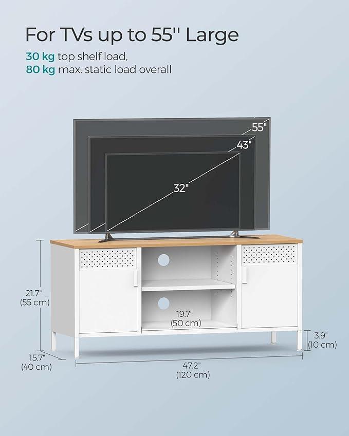 EKHO TV Stand, TV Cabinet for TV up to 55 Inches, TV Console with Doors, 3 Adjustable Shelves, Oak Color and White ULTS103W01 FredCo