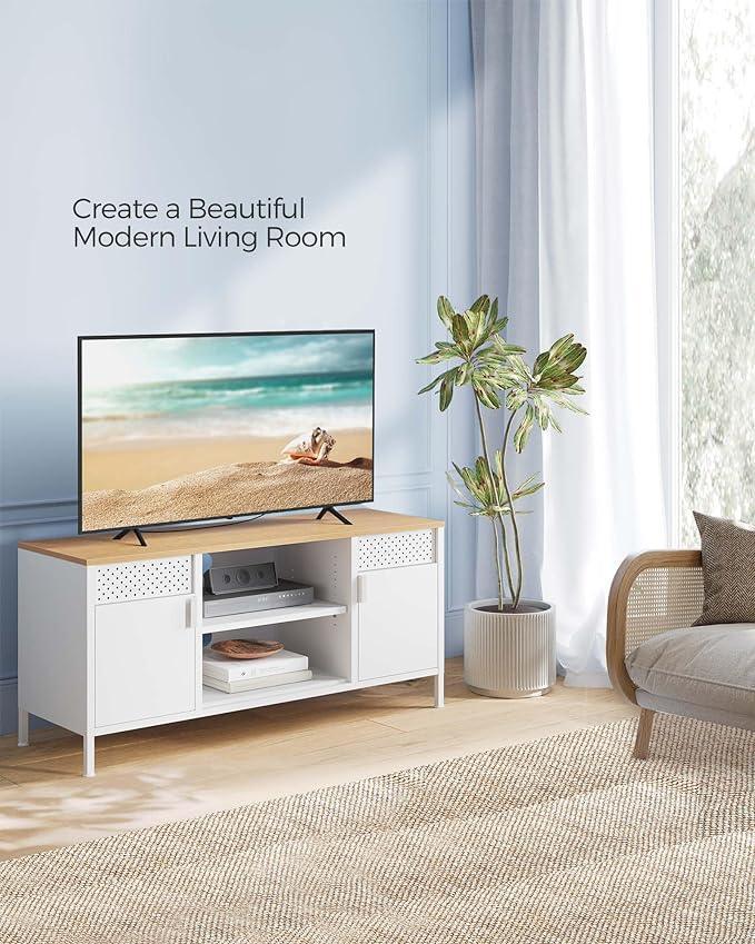EKHO TV Stand, TV Cabinet for TV up to 55 Inches, TV Console with Doors, 3 Adjustable Shelves, Oak Color and White ULTS103W01 FredCo