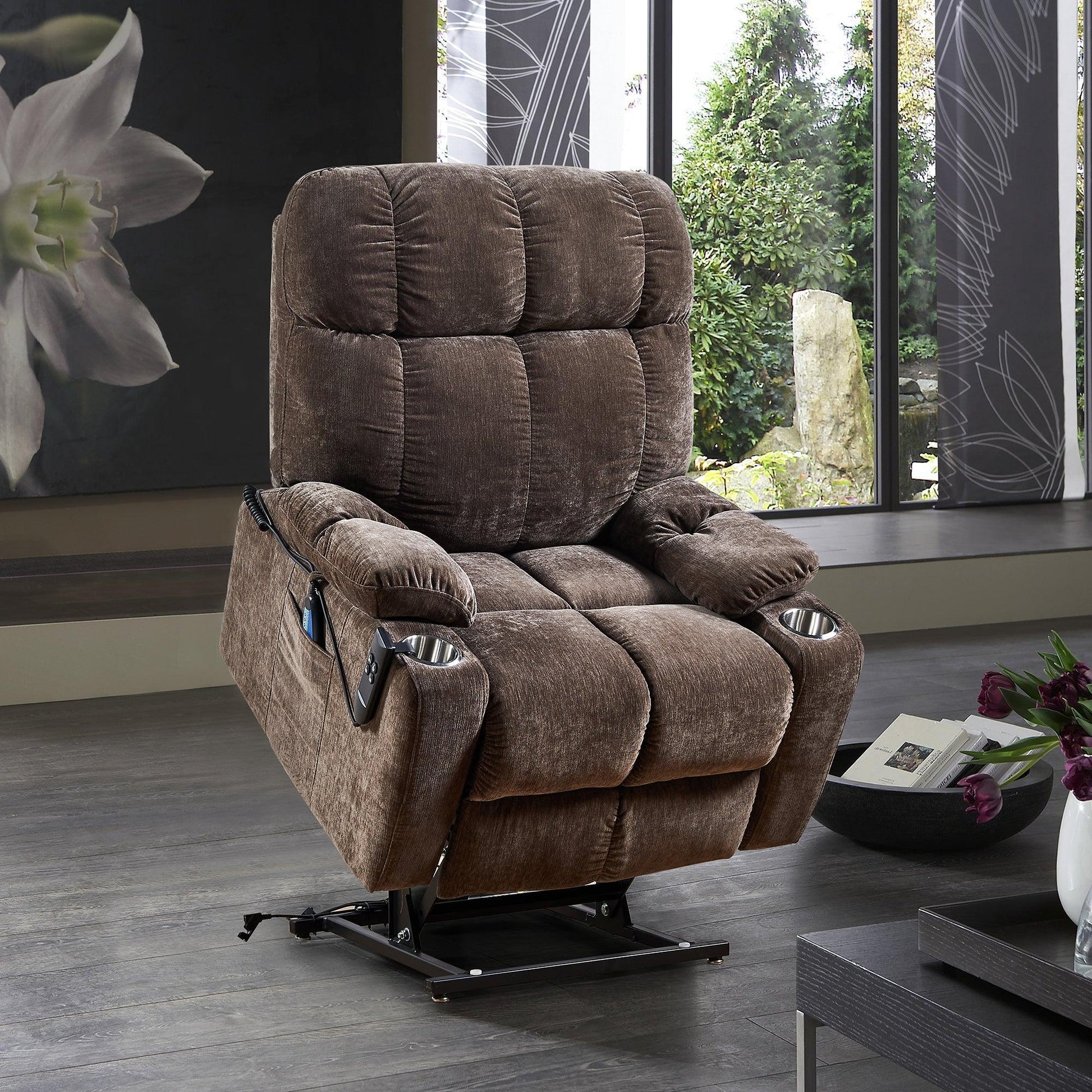 Electric Power Lift Recliner Chair with Massage, Heat, Phone Holder, and Integrated Cup Holders, Brown FredCo