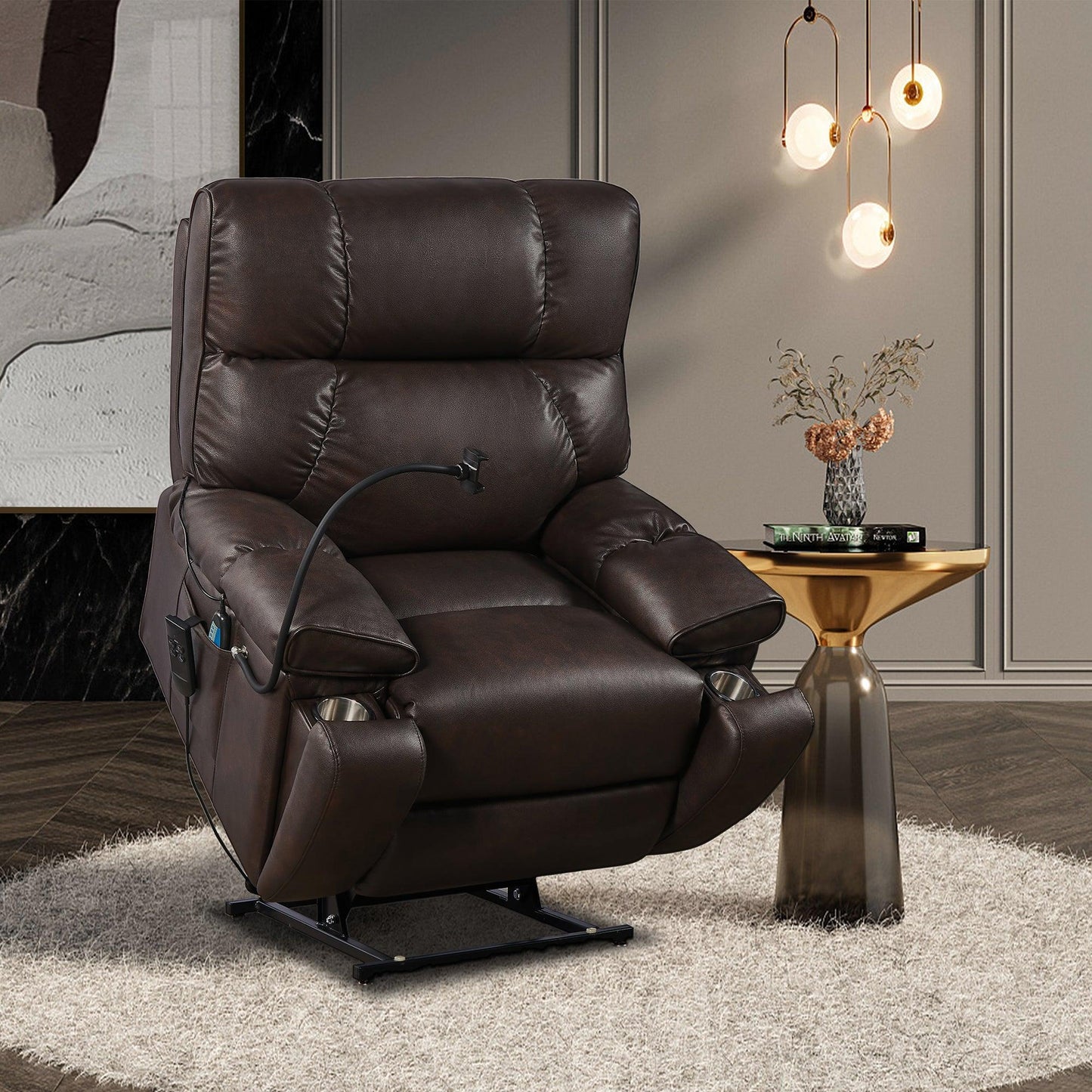 Electric Power Lift Recliner Chair with Massage, Heat, Phone Holder, and Integrated Cup Holders, Brown FredCo