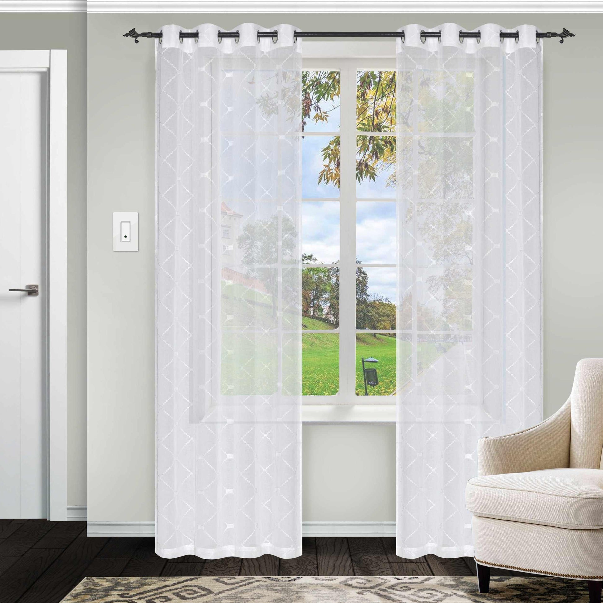 Elegant Diamond Embroidered Sheer Grommet 2-Piece Curtain Panel Set FredCo