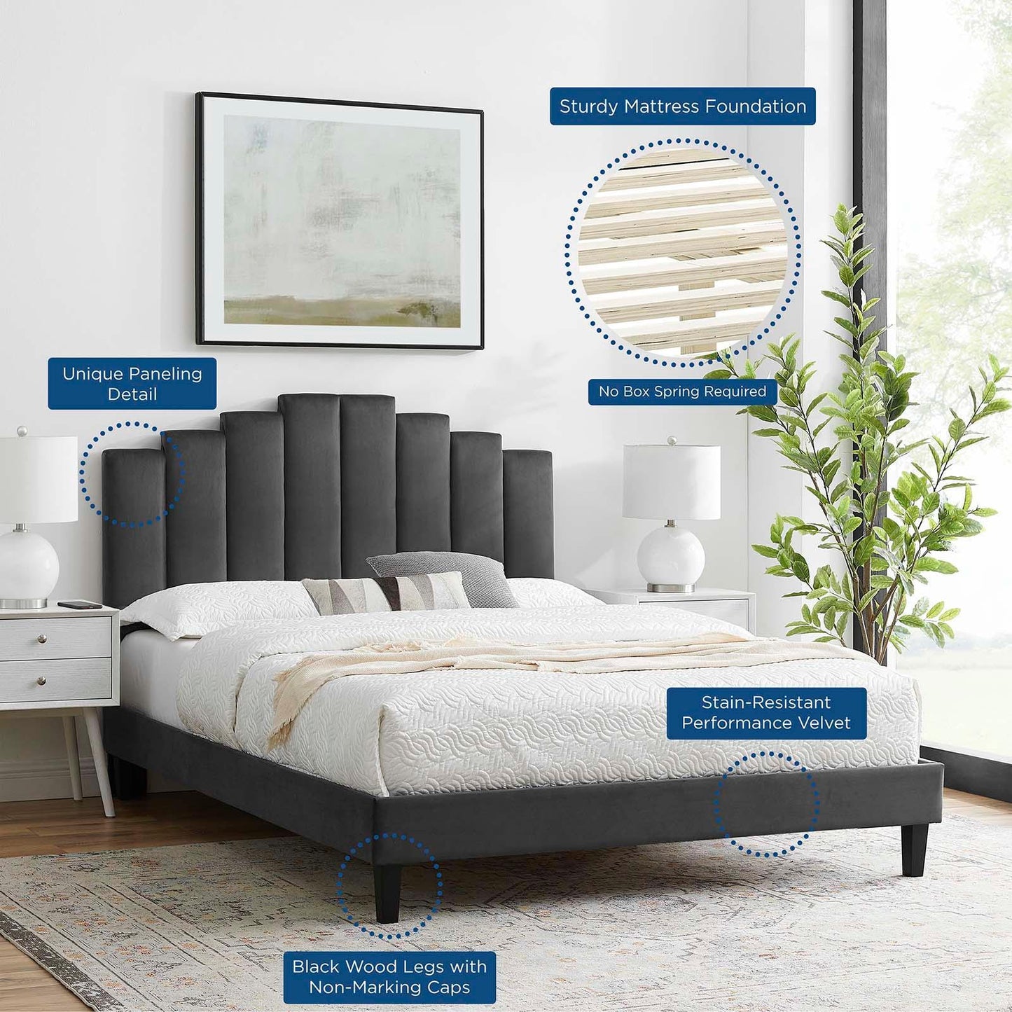 Elise Full Performance Velvet Platform Bed, MOD-6877 FredCo