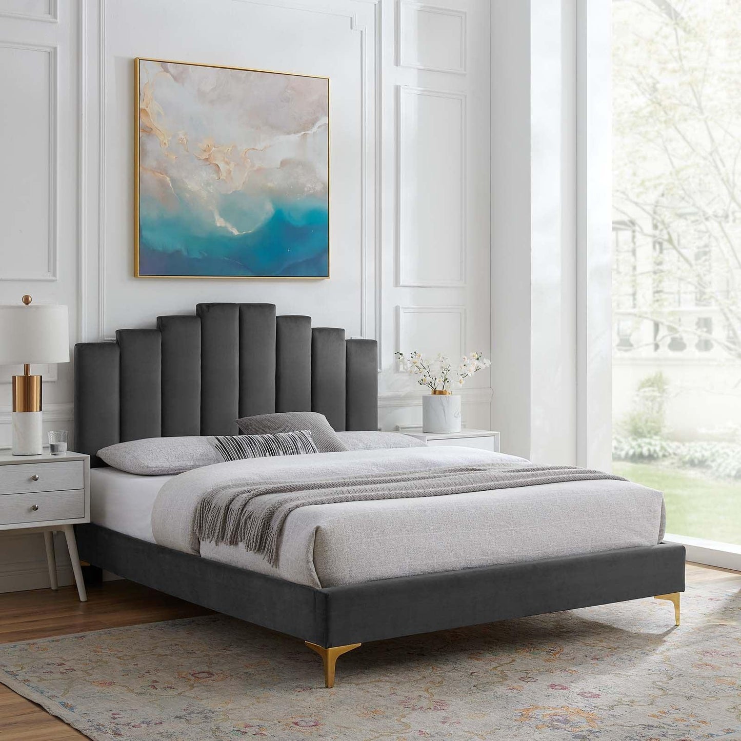 Elise Queen Performance Velvet Platform Bed, MOD-6693 FredCo