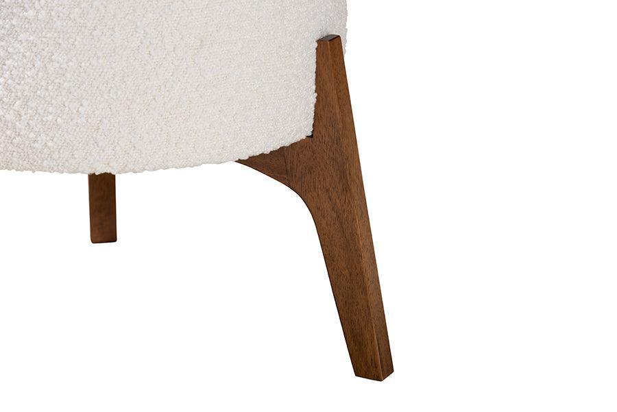 Elkie Japandi Cream Boucle Fabric and Walnut Brown Finished Wood Ottoman Footstool FredCo