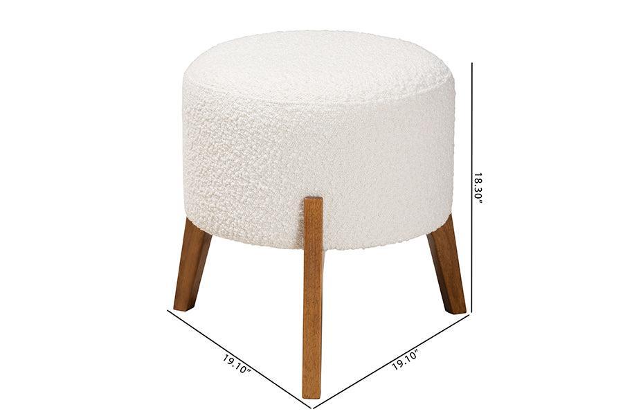 Elkie Japandi Cream Boucle Fabric and Walnut Brown Finished Wood Ottoman Footstool FredCo