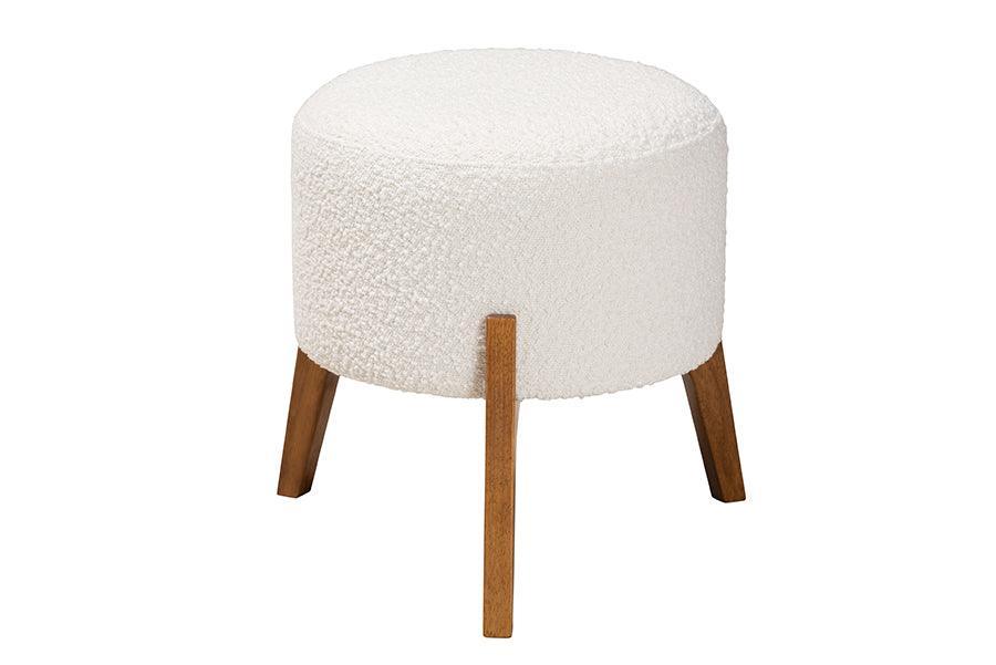 Elkie Japandi Cream Boucle Fabric and Walnut Brown Finished Wood Ottoman Footstool FredCo