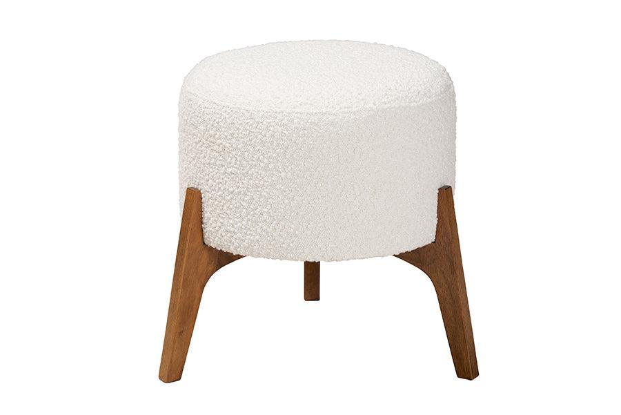Elkie Japandi Cream Boucle Fabric and Walnut Brown Finished Wood Ottoman Footstool FredCo