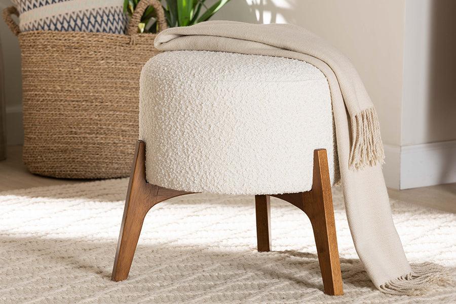 Elkie Japandi Cream Boucle Fabric and Walnut Brown Finished Wood Ottoman Footstool FredCo