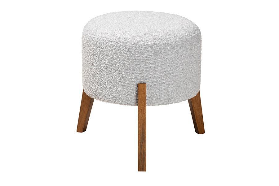 Elkie Japandi Light Grey Boucle Fabric and Walnut Brown Finished Wood Ottoman Footstool FredCo