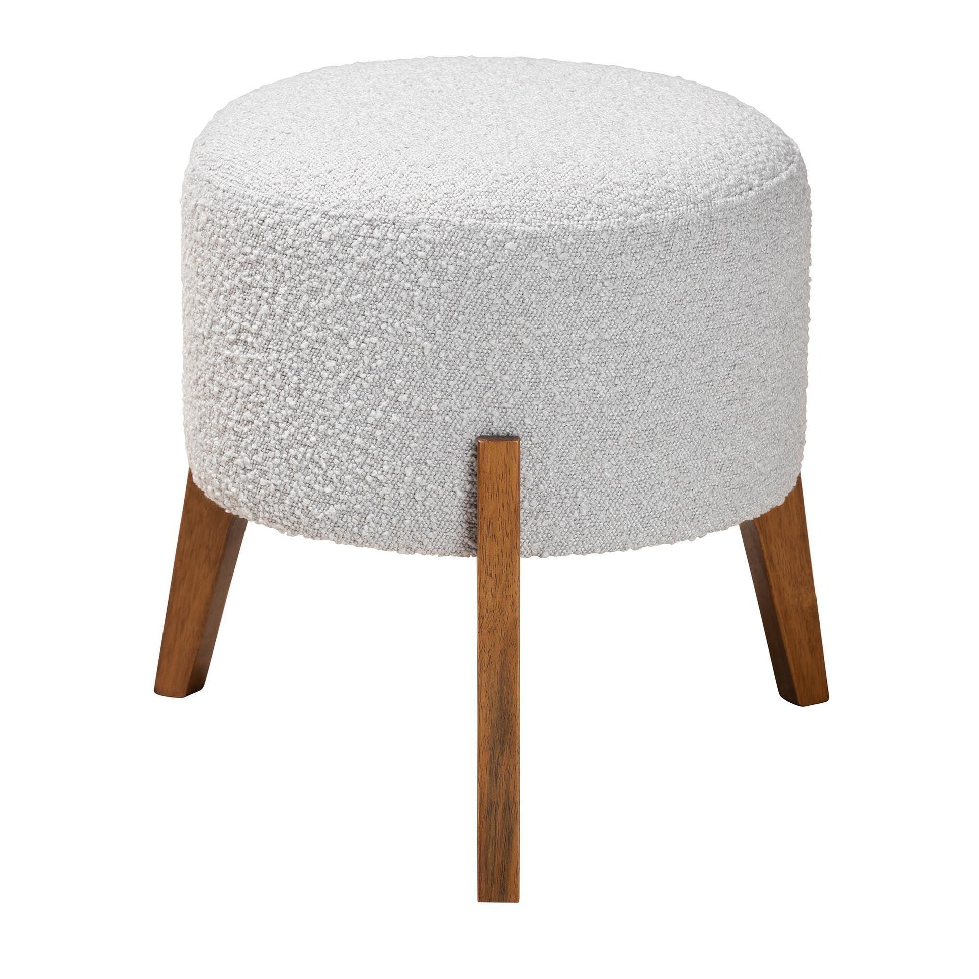 Elkie Japandi Light Grey Boucle Fabric and Walnut Brown Finished Wood Ottoman Footstool FredCo