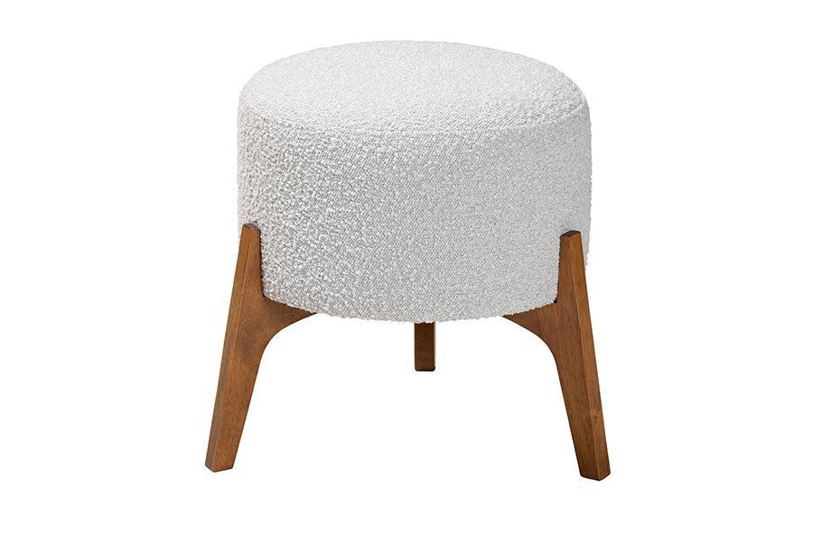 Elkie Japandi Light Grey Boucle Fabric and Walnut Brown Finished Wood Ottoman Footstool FredCo