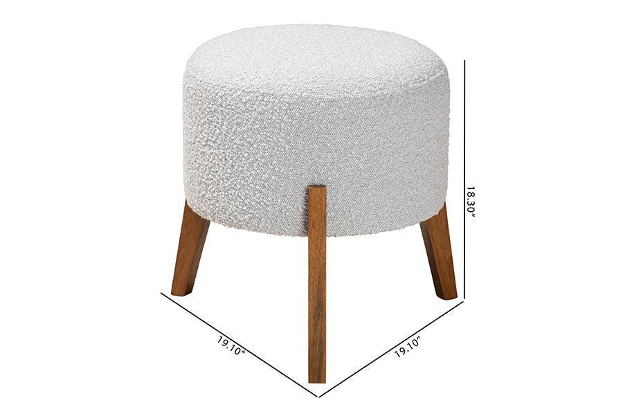 Elkie Japandi Light Grey Boucle Fabric and Walnut Brown Finished Wood Ottoman Footstool FredCo