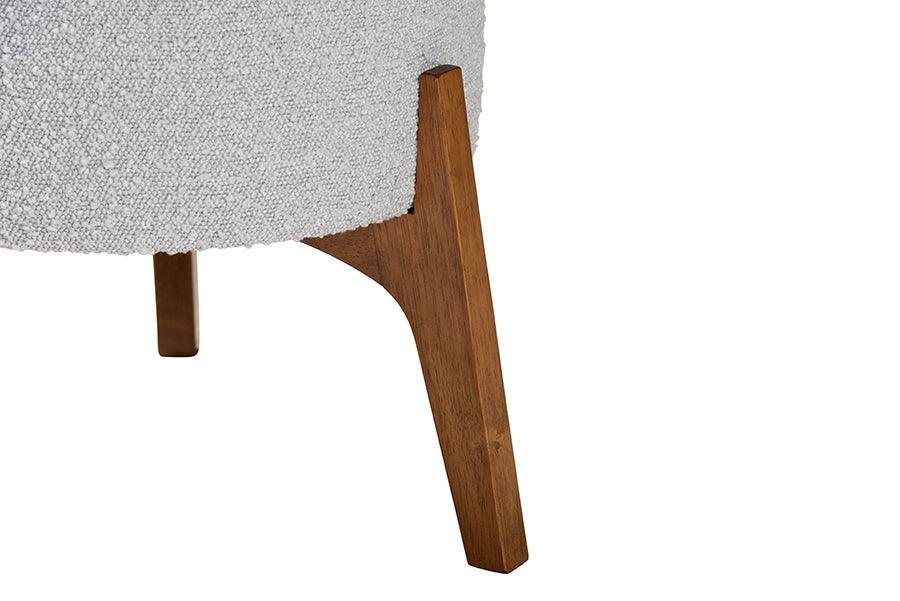 Elkie Japandi Light Grey Boucle Fabric and Walnut Brown Finished Wood Ottoman Footstool FredCo