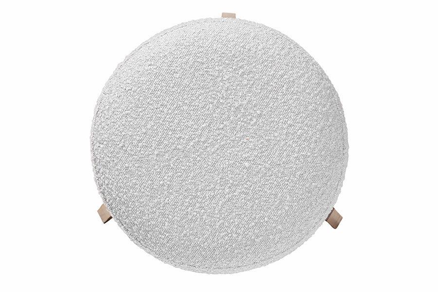 Elkie Japandi Light Grey Boucle Fabric and Walnut Brown Finished Wood Ottoman Footstool FredCo
