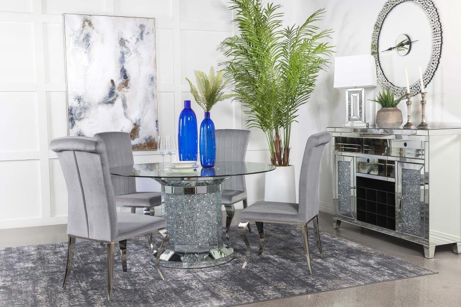 Ellie 5-piece Cylinder Pedestal Dining Room Set Mirror and Grey 115551-S5G Coaster FredCo
