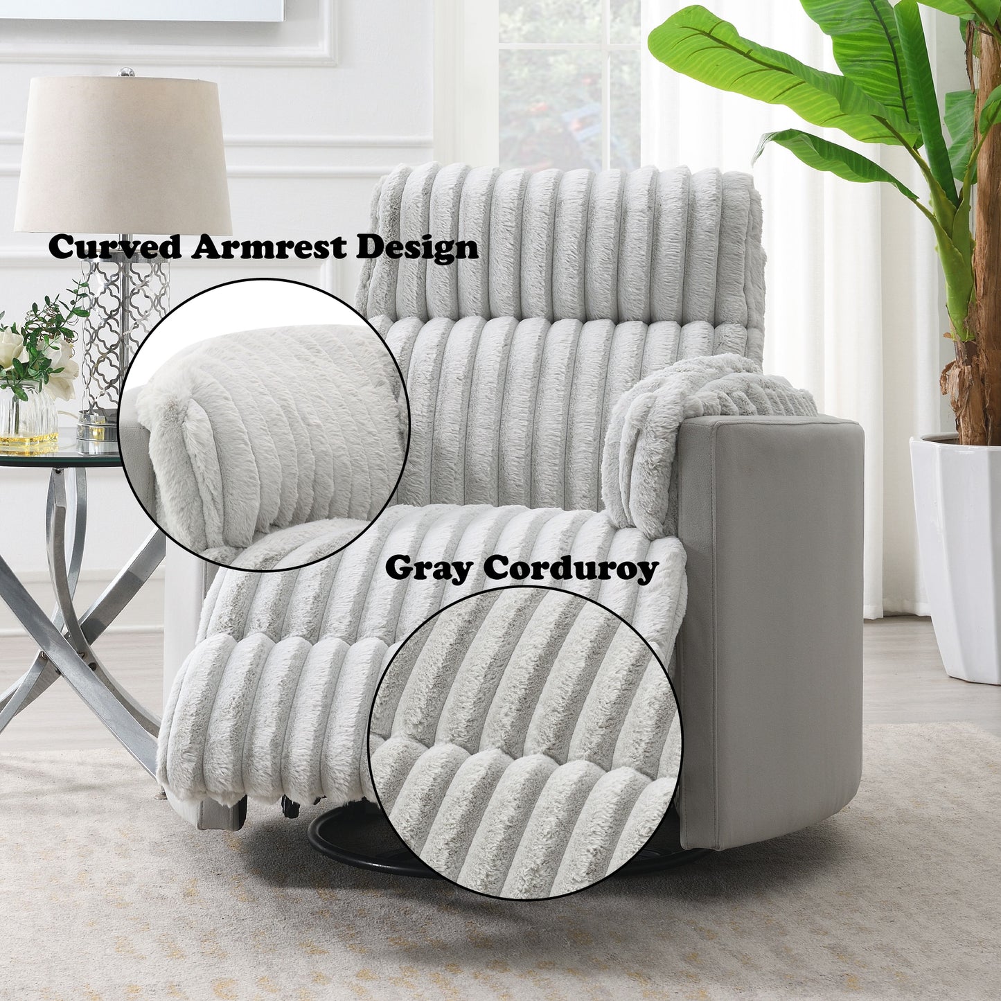 Emee Gray Corduroy Glider Recliner w/ Swivel FredCo