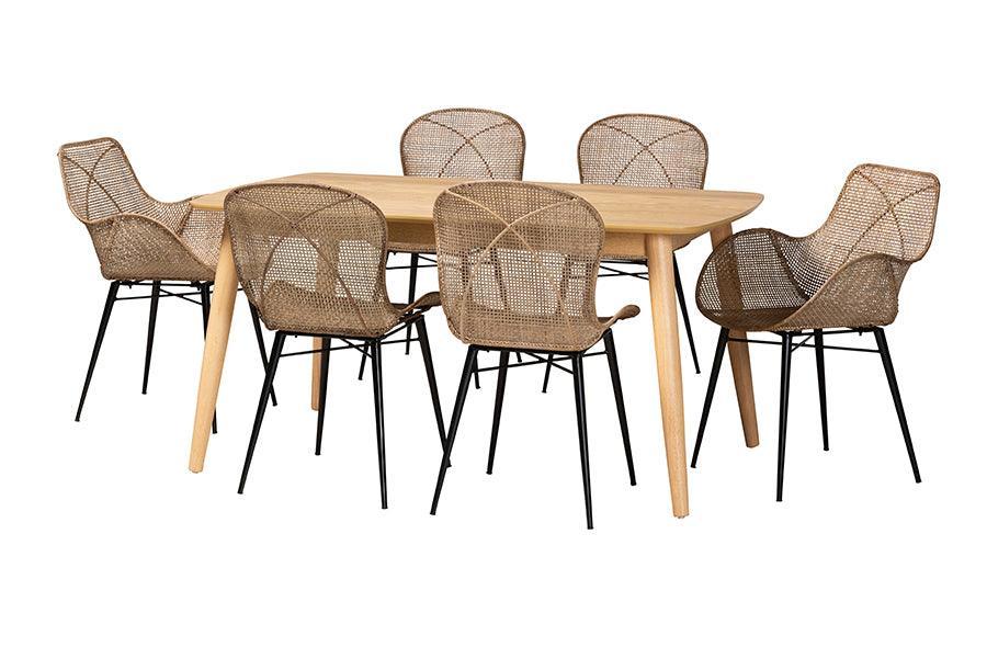 Emmali Modern Bohemian Greywashed Rattan and Natural Brown Finished Wood 7-Piece Dining Set FredCo