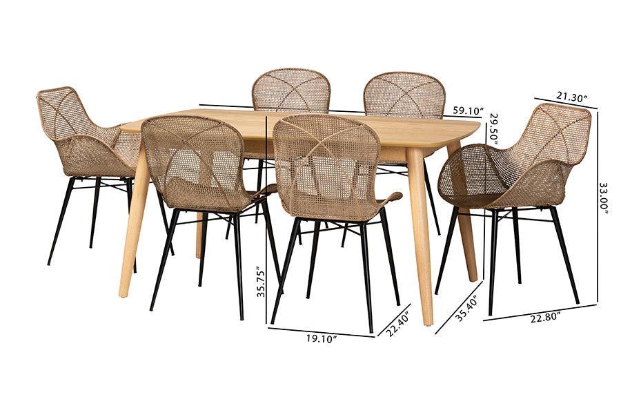 Emmali Modern Bohemian Greywashed Rattan and Natural Brown Finished Wood 7-Piece Dining Set FredCo