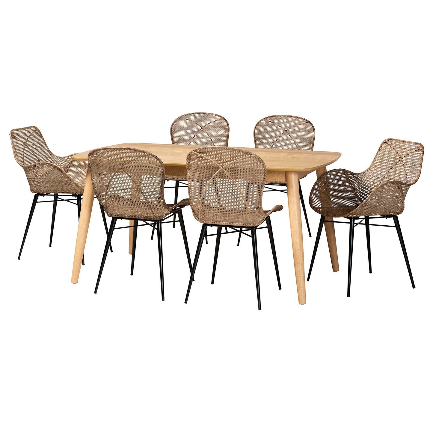 Emmali Modern Bohemian Greywashed Rattan and Natural Brown Finished Wood 7-Piece Dining Set FredCo