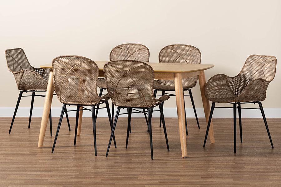 Emmali Modern Bohemian Greywashed Rattan and Natural Brown Finished Wood 7-Piece Dining Set FredCo