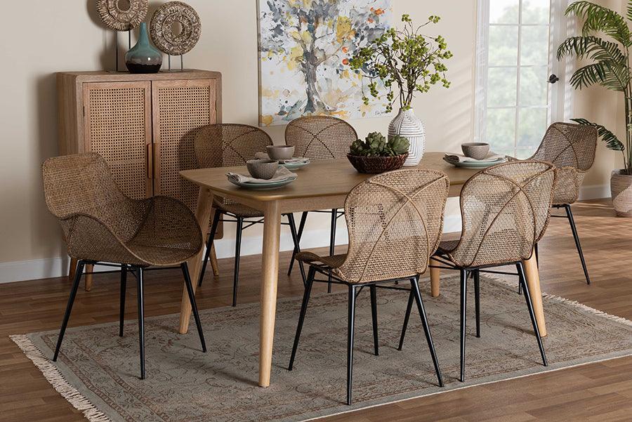 Emmali Modern Bohemian Greywashed Rattan and Natural Brown Finished Wood 7-Piece Dining Set FredCo