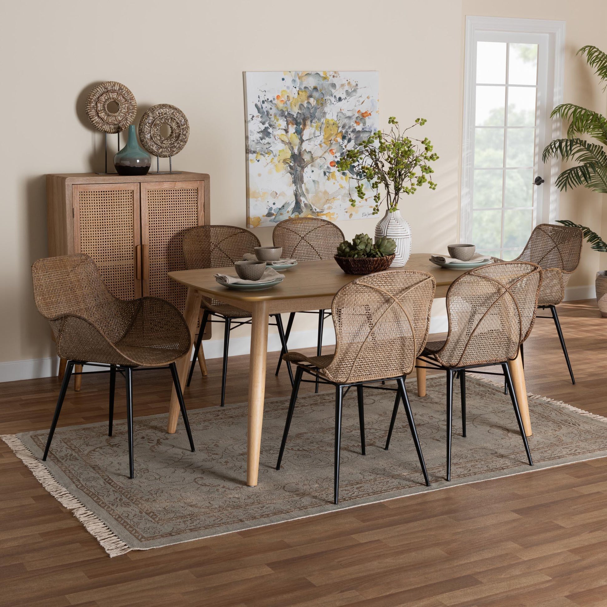 Emmali Modern Bohemian Greywashed Rattan and Natural Brown Finished Wood 7-Piece Dining Set FredCo