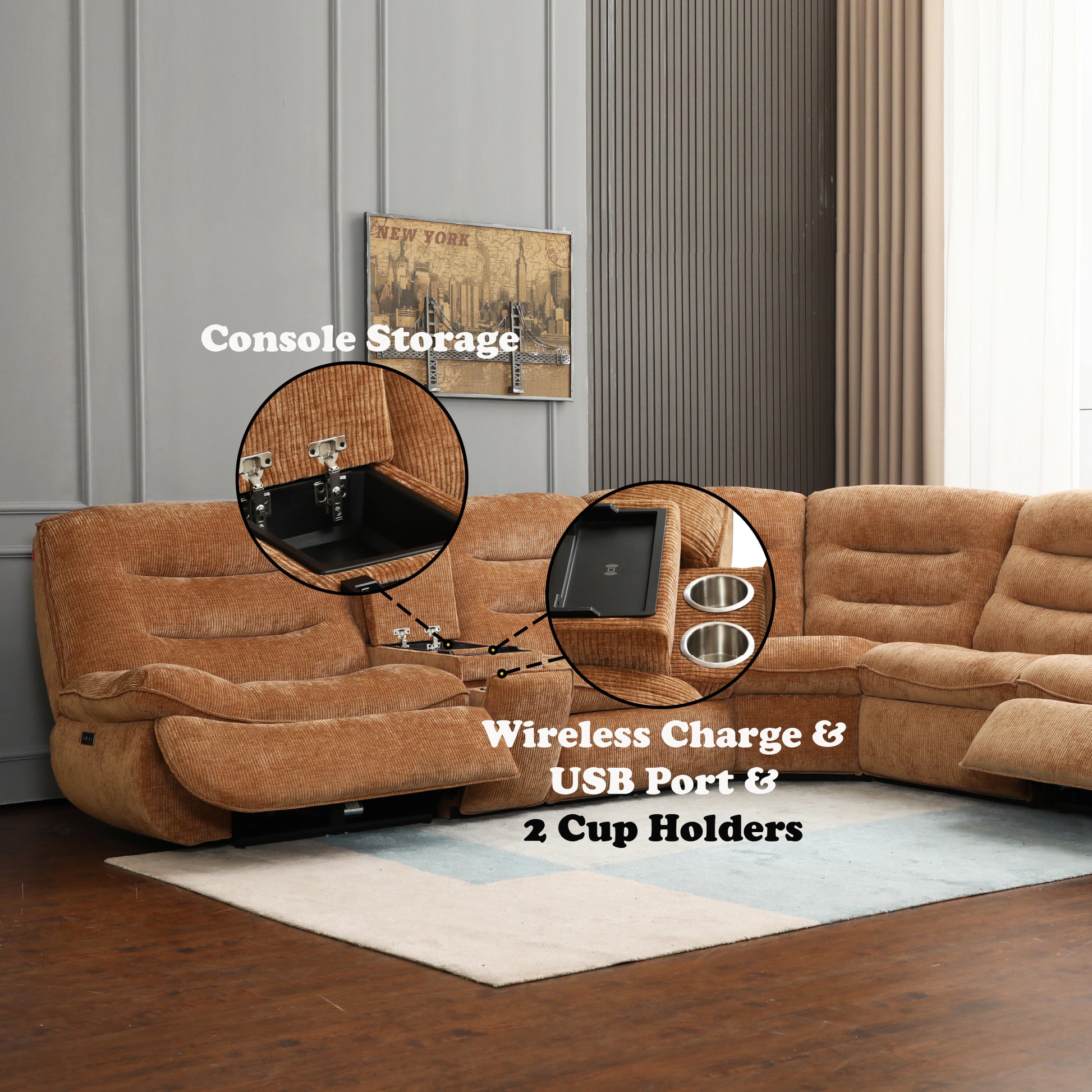 Emmy Orange Chenille Power Motion Sectional Sofa FredCo