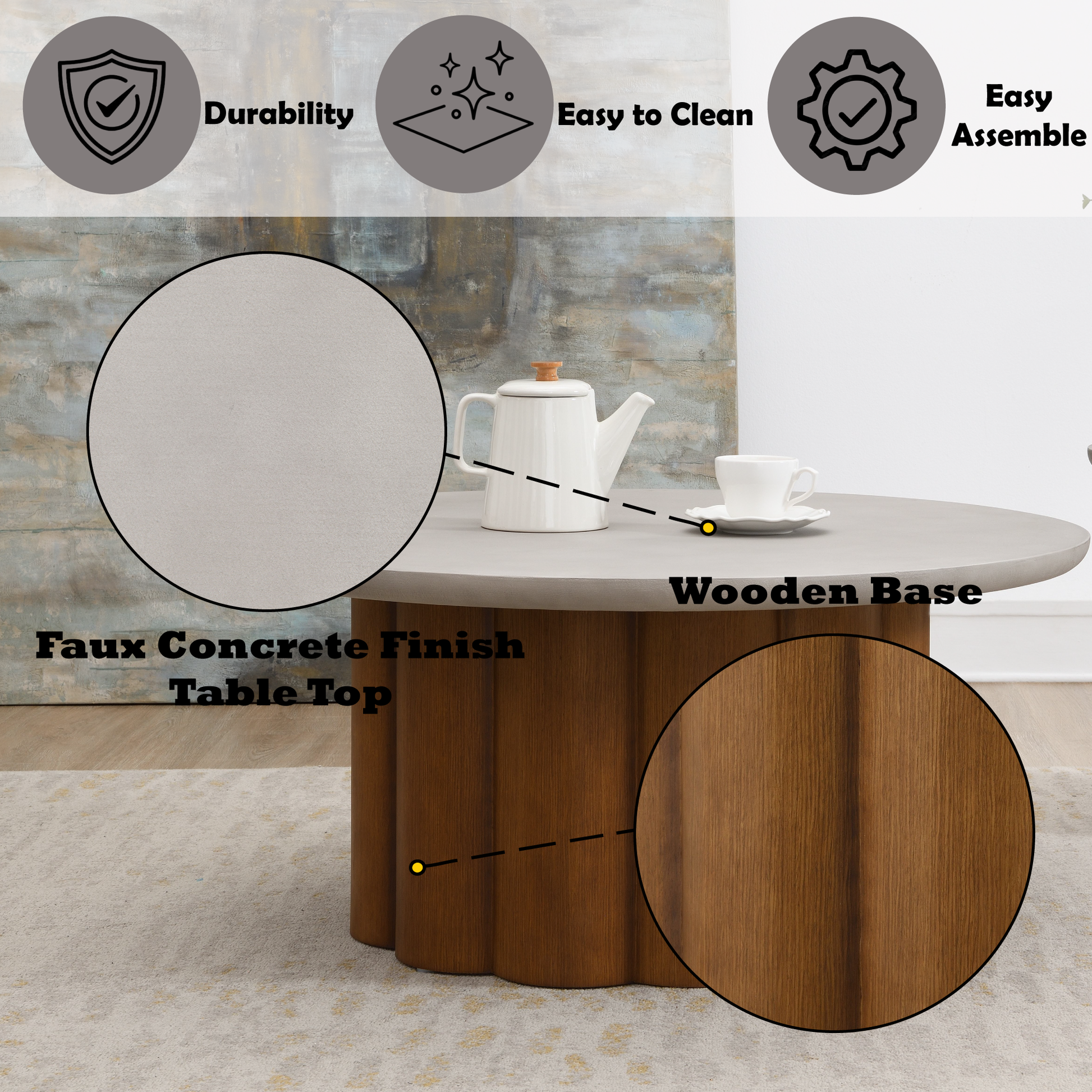 Evelyn Faux Concrete Top & Walnut Finish Round Shaped Coffee Table FredCo