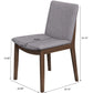 Modern dining chair with grey upholstered seat and wooden frame, detailed dimensions shown