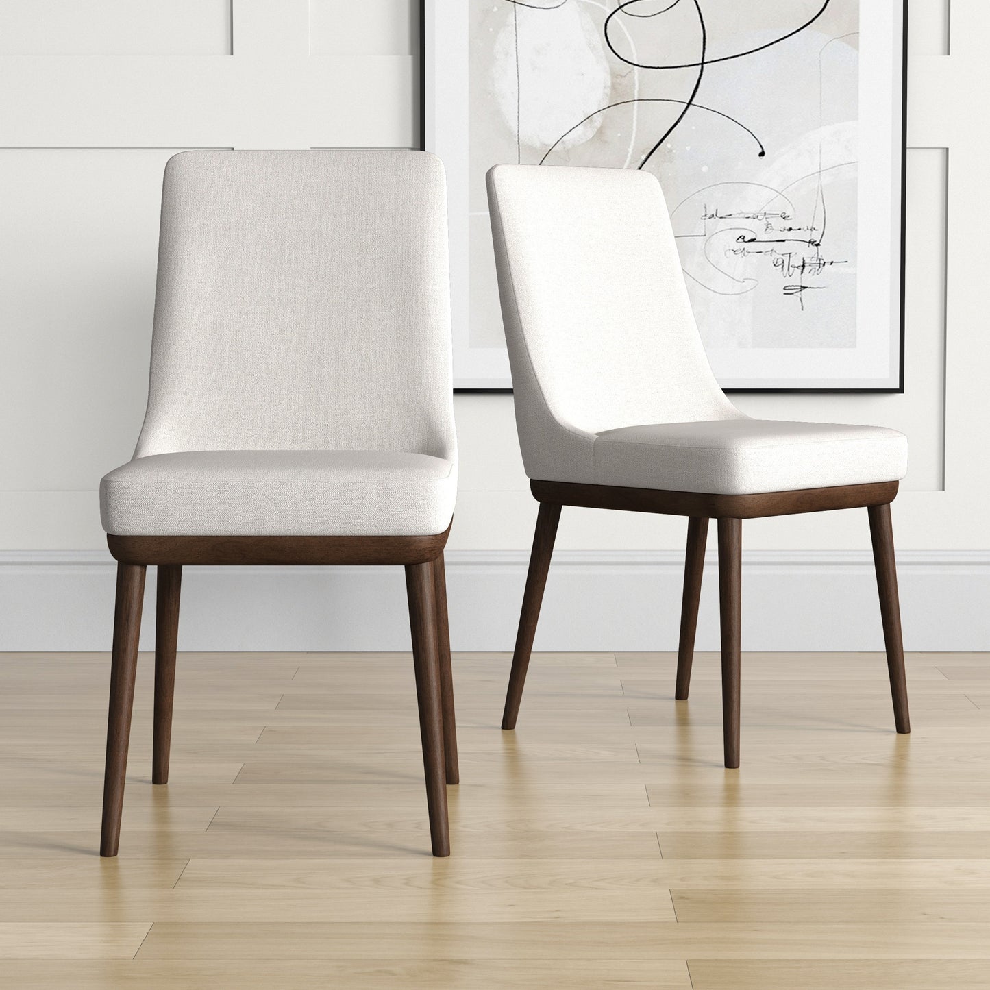 Modern upholstered dining chairs with wooden legs in a bright, minimalist home interior