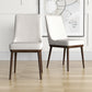 Modern upholstered dining chairs with wooden legs in a bright, minimalist home interior