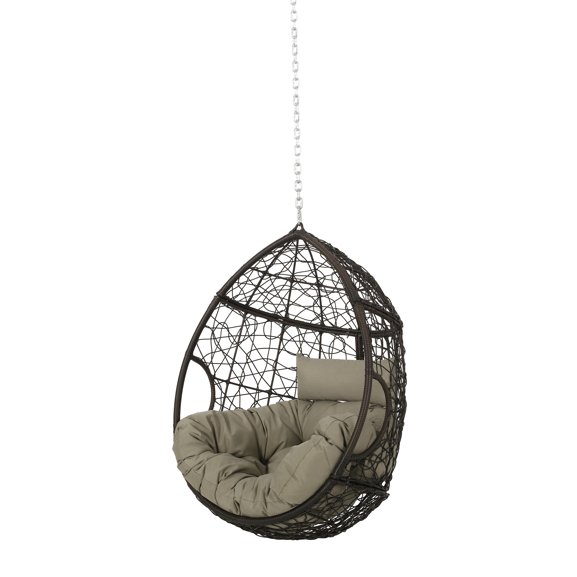 Teardrop Hanging Chair with 8ft Chain in Khaki Cushion and Brown Frame, PE Rattan and Iron FredCo