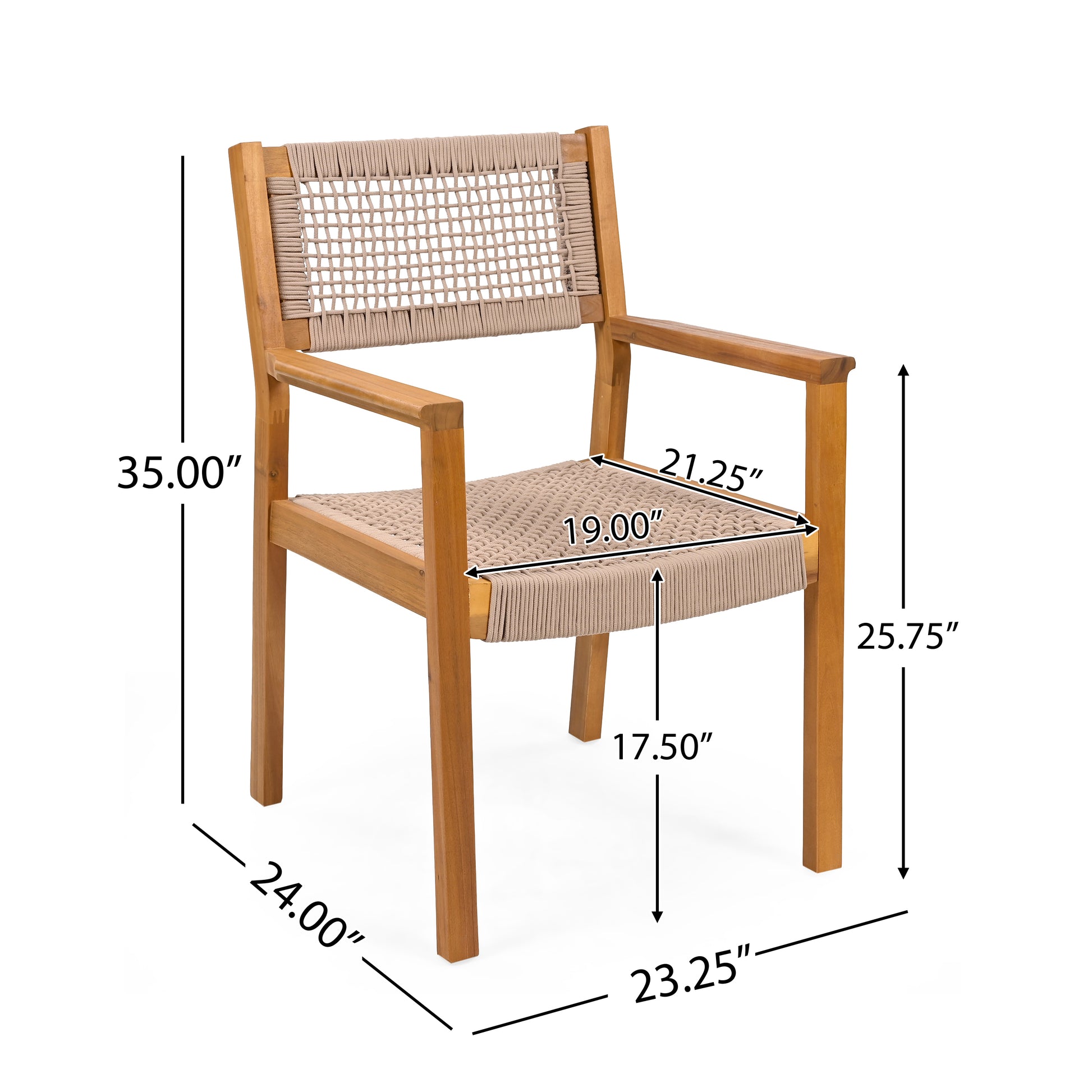 Outdoor Dining Chair Set of 2, Patio Chairs, Teak Acacia Wood, Light Brown Rope FredCo