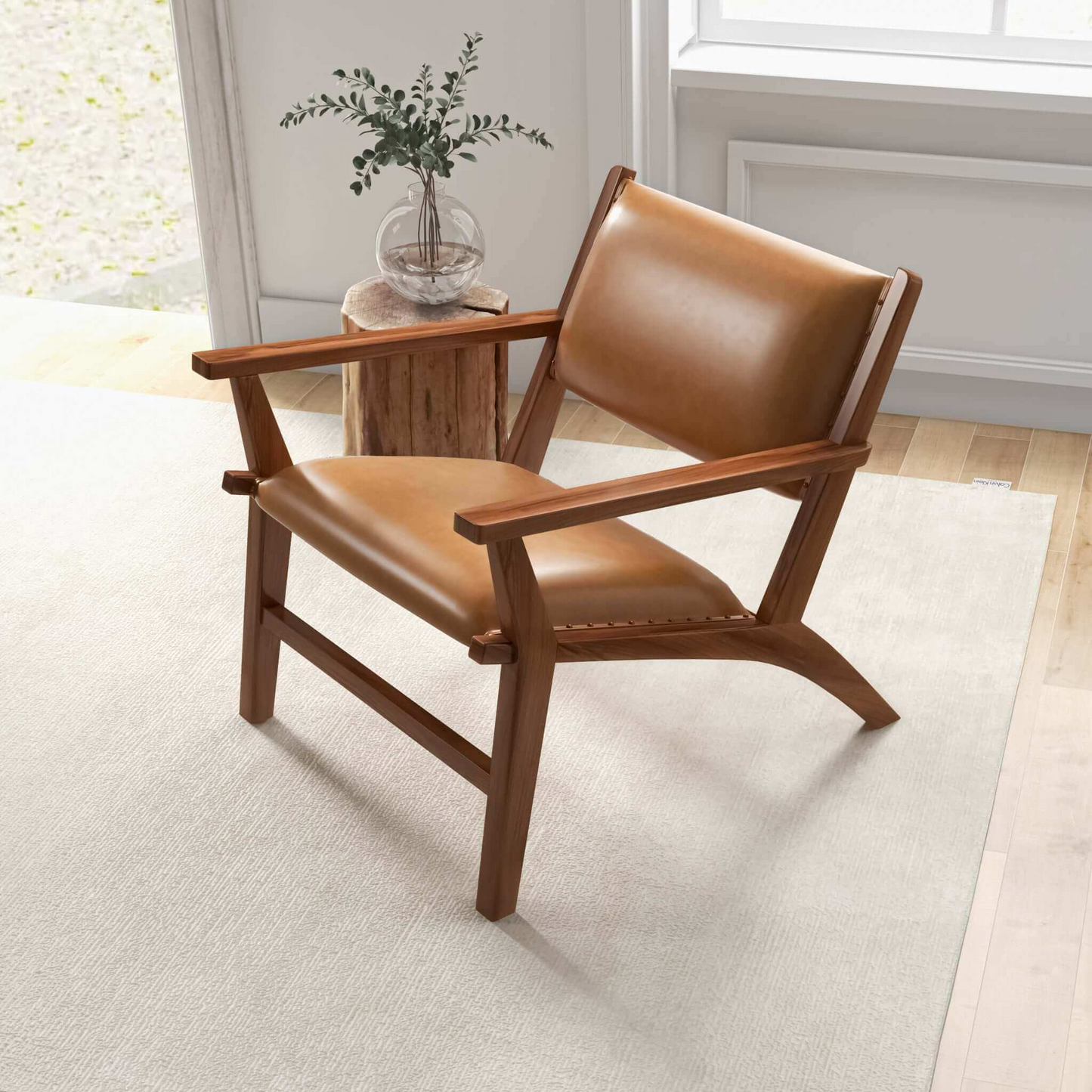 Hendrix Antique Tan Leather Arm Chair Mid-Century Modern Style with Solid Wood Frame 32' L x 26' W x 28' H for Bedroom, Living Room, Hallway FredCo