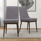 Set of two modern gray upholstered dining chairs with wooden legs on a rug in a stylish room